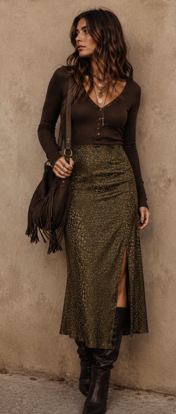 Status by Chenault Olive Animal Print Midi Skirt Y2K Boho Size M